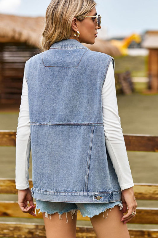 Sleeveless Collared Neck Denim Top with Pockets Carauana Store