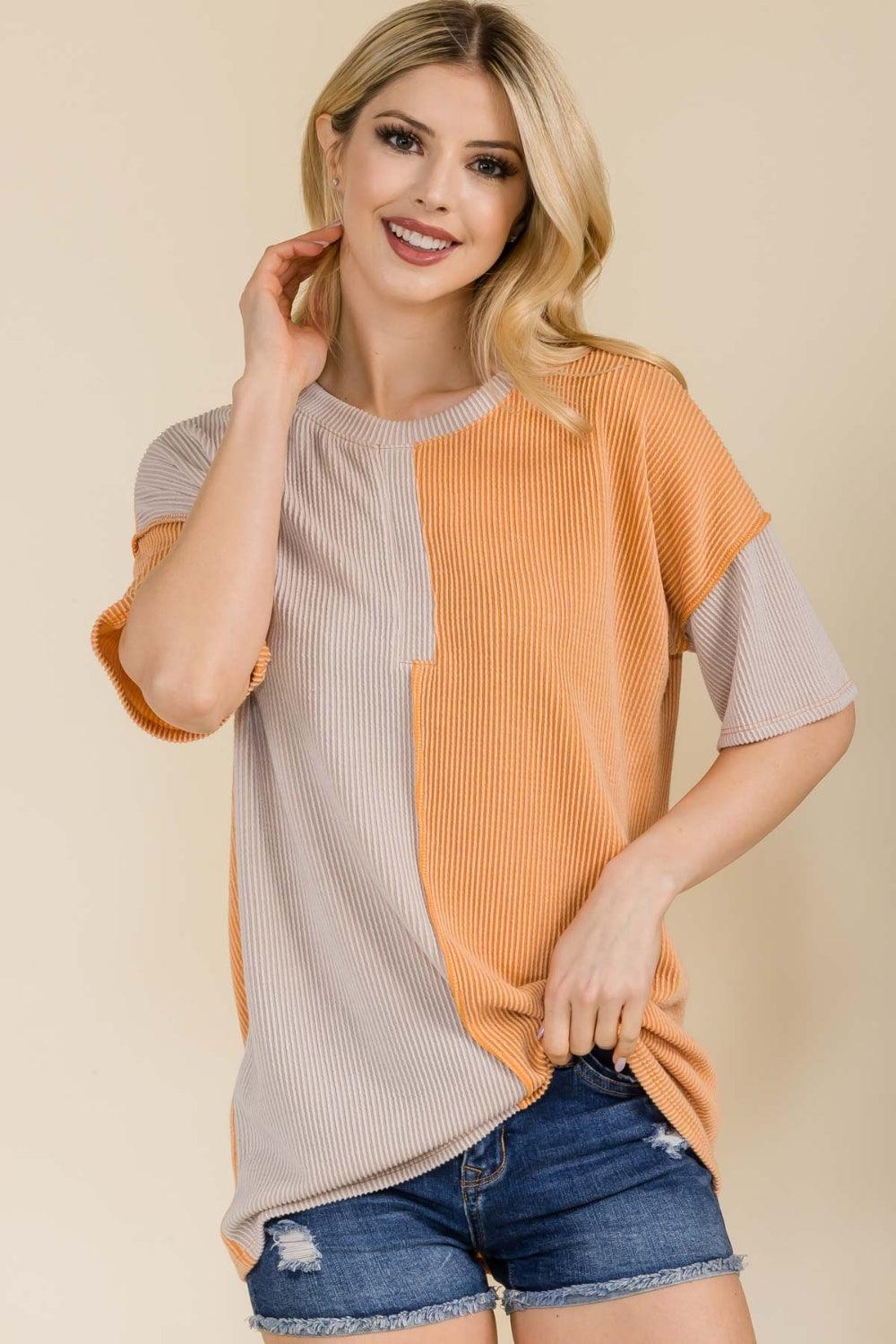 Celeste Full Size Ribbed Color Block Short Sleeve T-Shirt Carauana Store