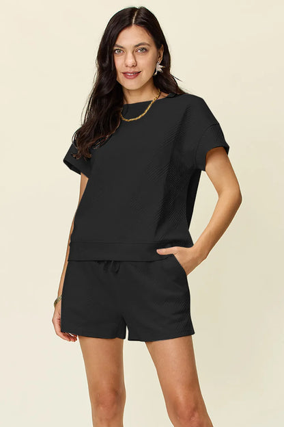 Double Take Full Size Texture Short Sleeve T-Shirt and Drawstring Shorts Set Carauana Store