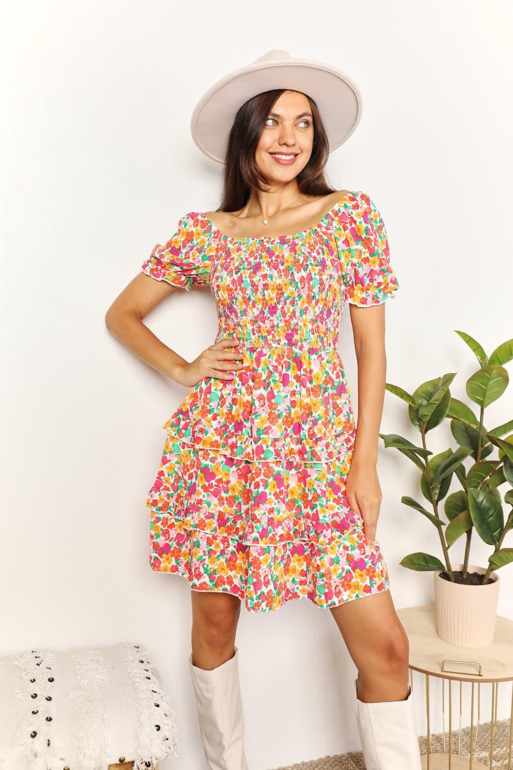 Double Take Smocked Sweetheart Neck Flounce Sleeve Mini Dress Carauana Store