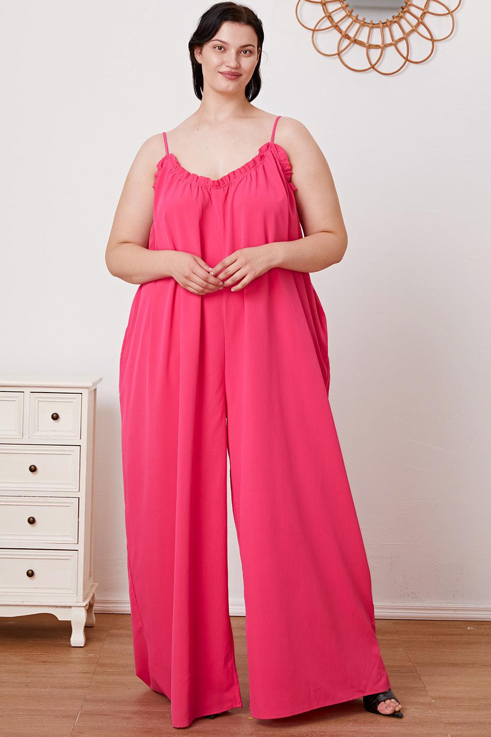 Double Take Full Size Ruffle Trim Tie Back Cami Jumpsuit with Pockets Carauana Store