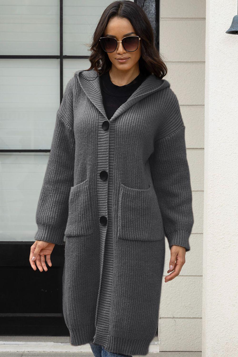 Button Up Long Sleeve Hooded Cardigan with Pockets Carauana Store