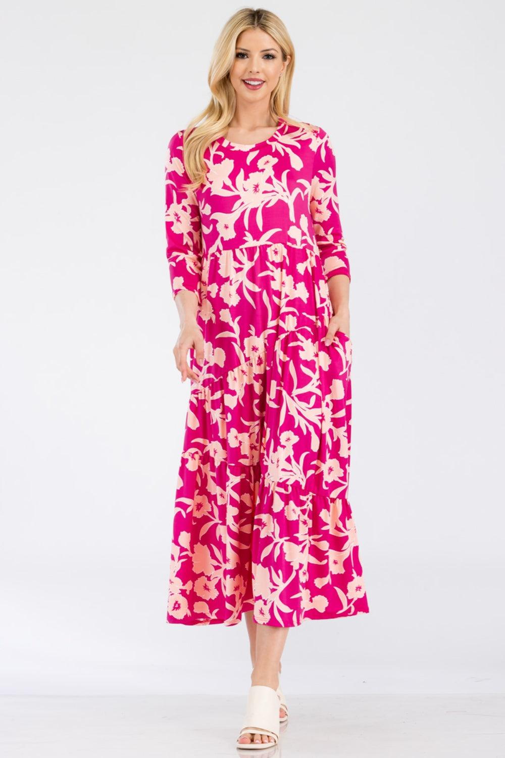 Celeste Full Size Floral Round Neck Ruffle Hem Dress Carauana Store