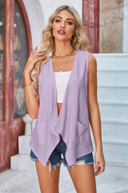 Eyelet Open Front Sleeveless Cardigan Carauana Store