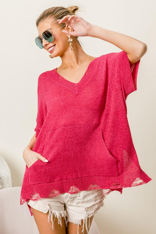 BiBi Distressed Hem V-Neck Slit Sweater Carauana Store