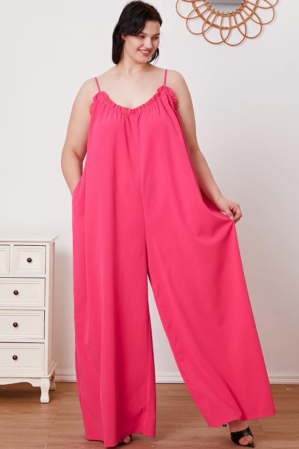 Double Take Full Size Ruffle Trim Tie Back Cami Jumpsuit with Pockets Carauana Store