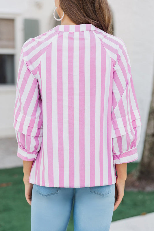 Rose Stripe Split Neck Button Decor Front Puff Sleeve Blouse