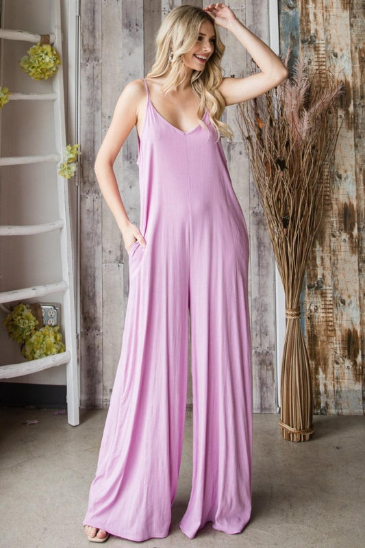 Veveret Pocketed Spaghetti Strap V-Neck Wide Leg Jumpsuit Carauana Store