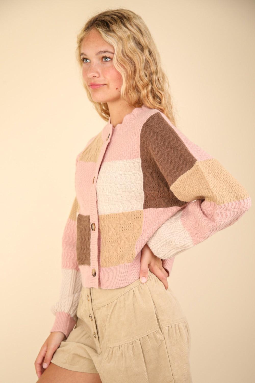 VERY J Color Block Button Down Textured Sweater Cardigan Carauana Store