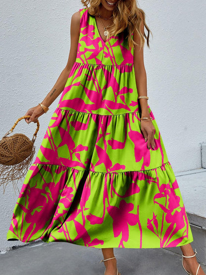 Tiered Printed V-Neck Sleeveless Dress Carauana Store