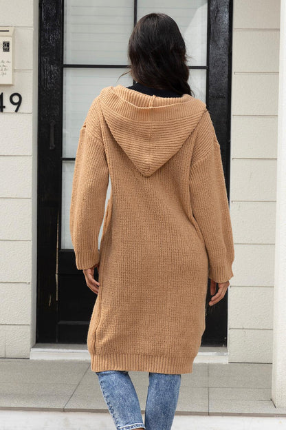 Button Up Long Sleeve Hooded Cardigan with Pockets Carauana Store