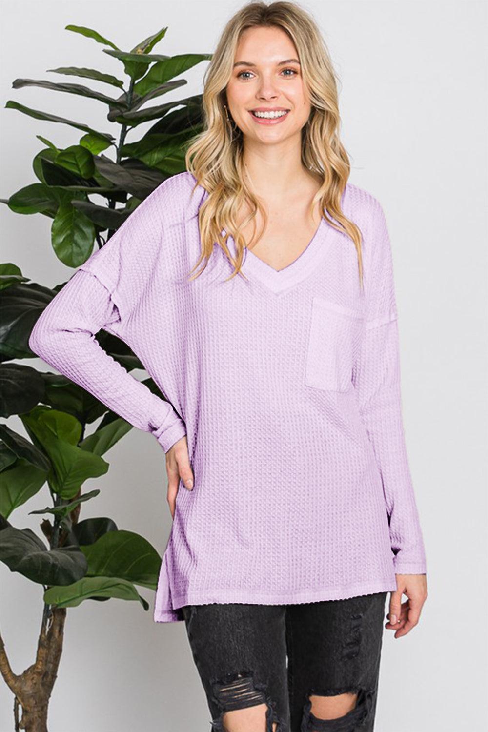 Reborn J Waffle Knit V-Neck Long Sleeve T-Shirt Carauana Store