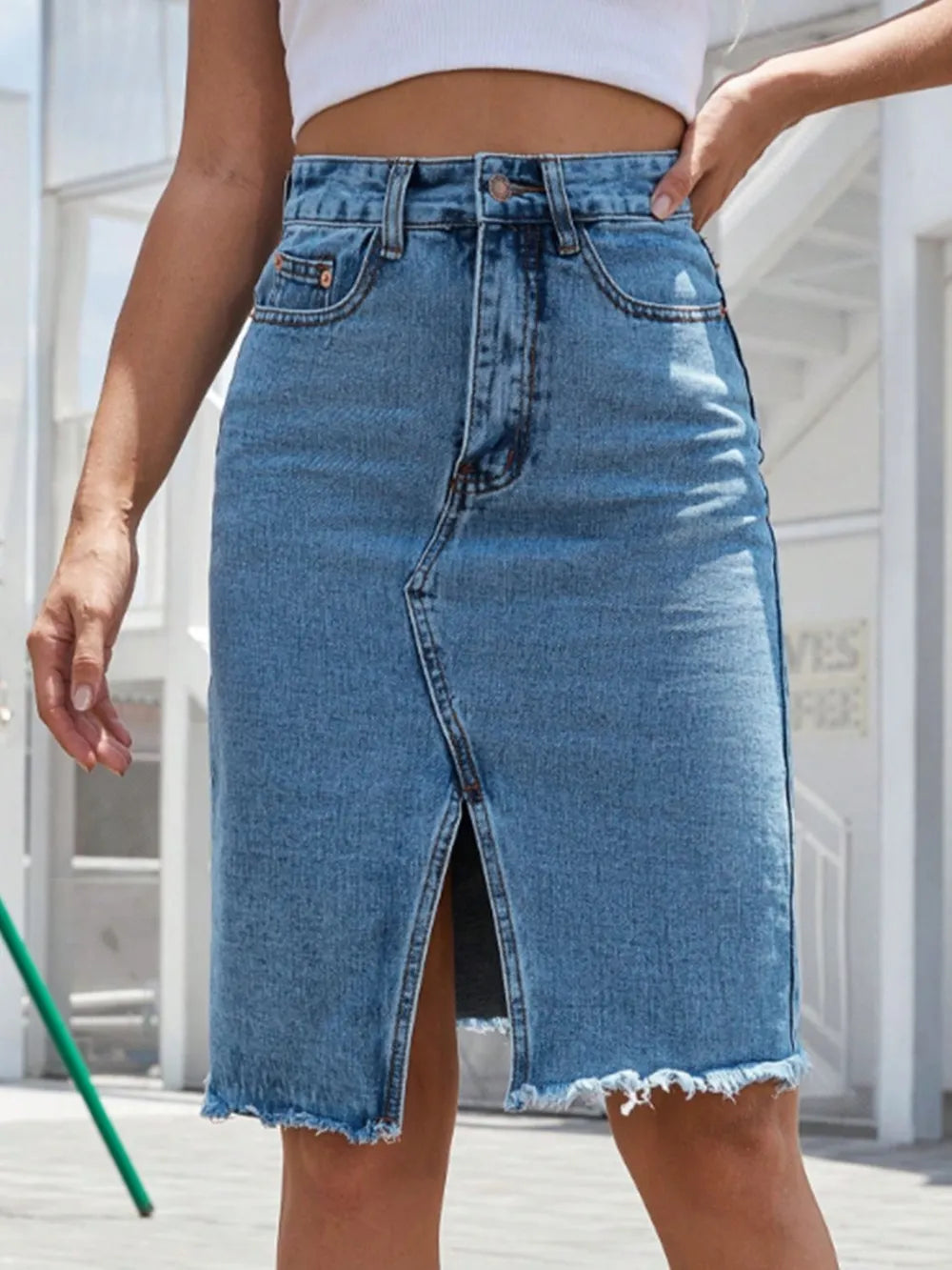 Raw Hem Slit Denim Skirt Carauana Store
