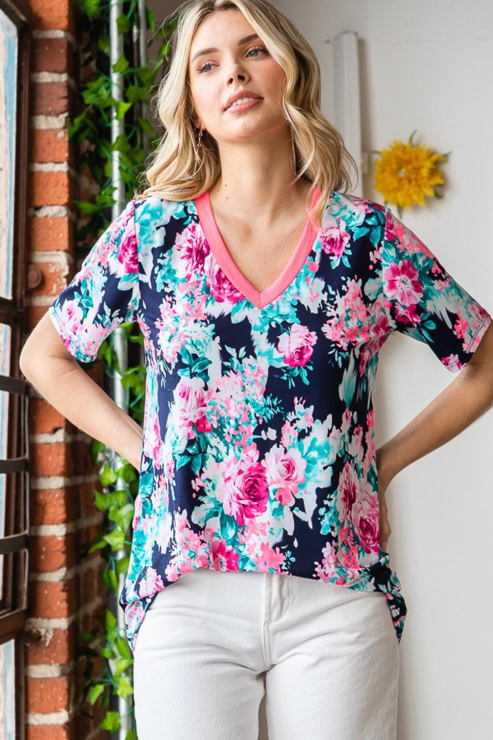 Heimish Full Size Floral V-Neck Short Sleeve T-Shirt Carauana Store