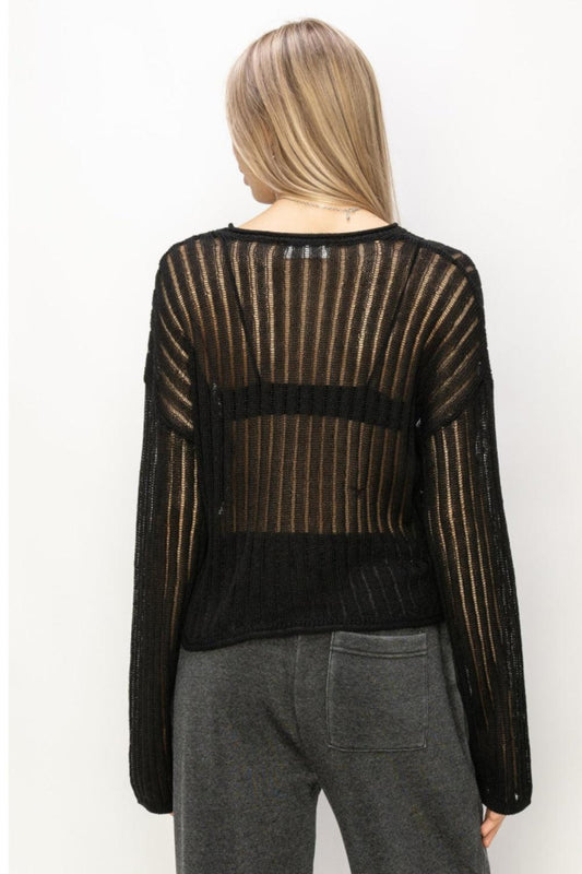 HYFVE Openwork Ribbed Long Sleeve Knit Top Carauana Store