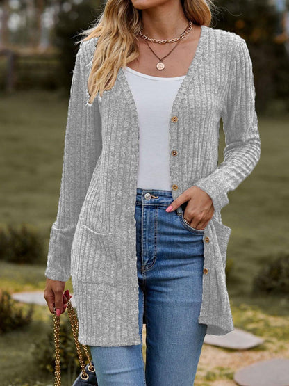 Ribbed Button Up Long Sleeve Cardigan Carauana Store