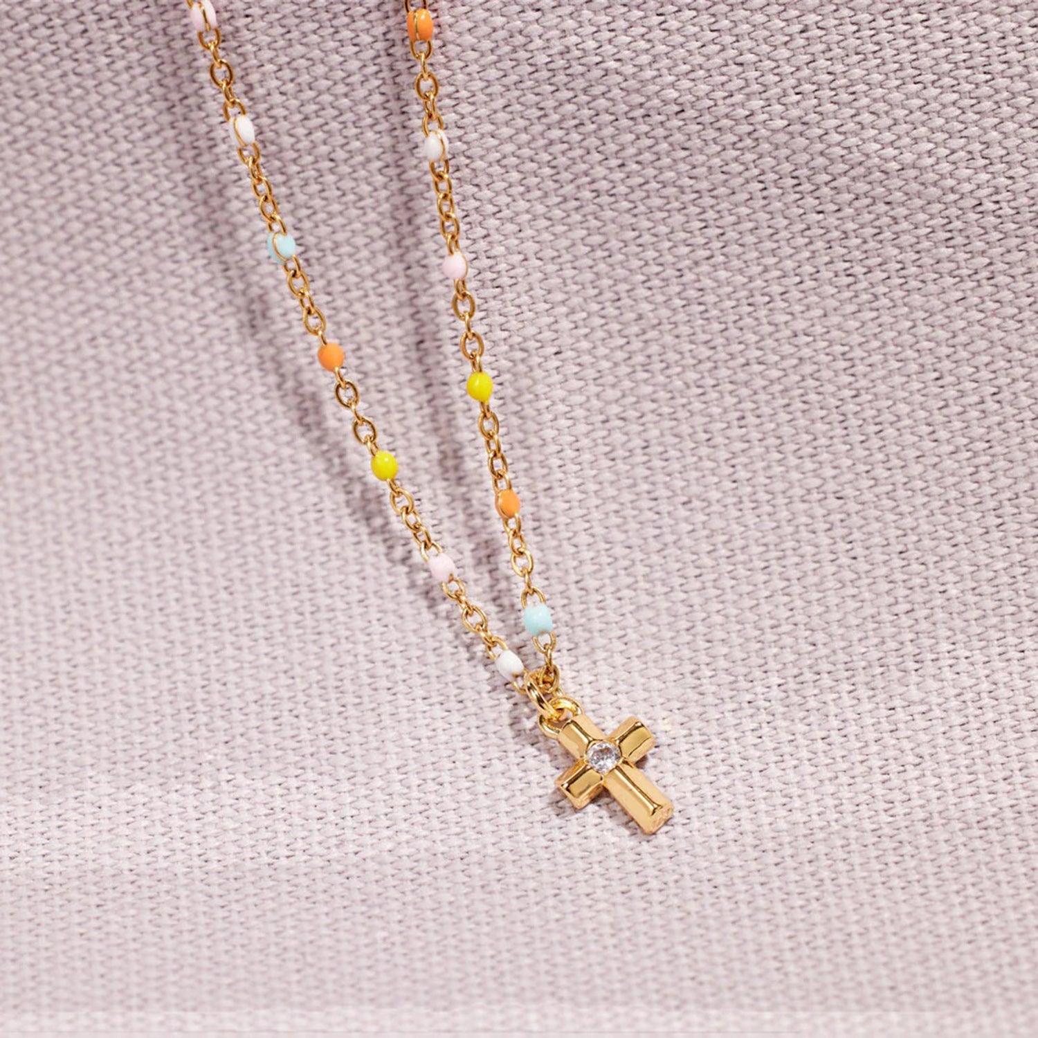 Inlaid Zircon 18K Gold-Plated Cross Bead Necklace Carauana Store
