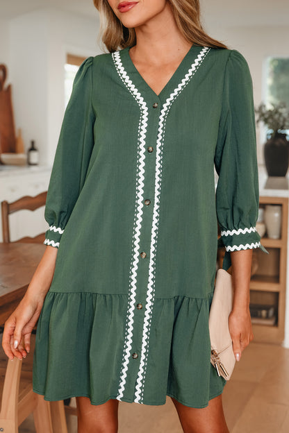 Canton Contrast Ricrac Trim Button V Neck Knotted Bracelet Sleeve Shift Dress
