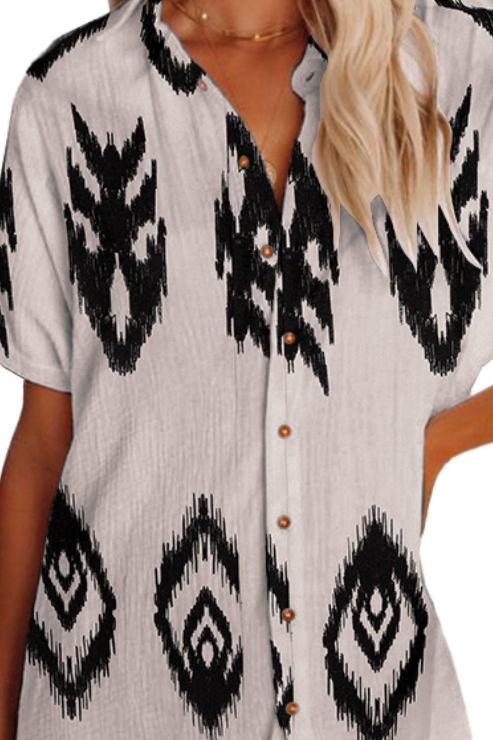 Geometric Button Up Short Sleeve Cover Up Carauana Store