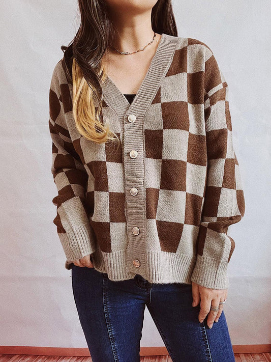 Checkered Open Front Button Up Cardigan Carauana Store