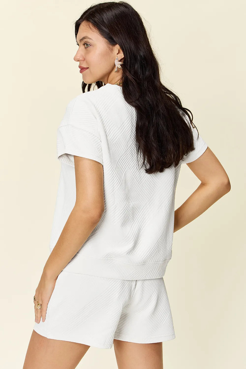 Double Take Full Size Texture Short Sleeve T-Shirt and Drawstring Shorts Set Carauana Store