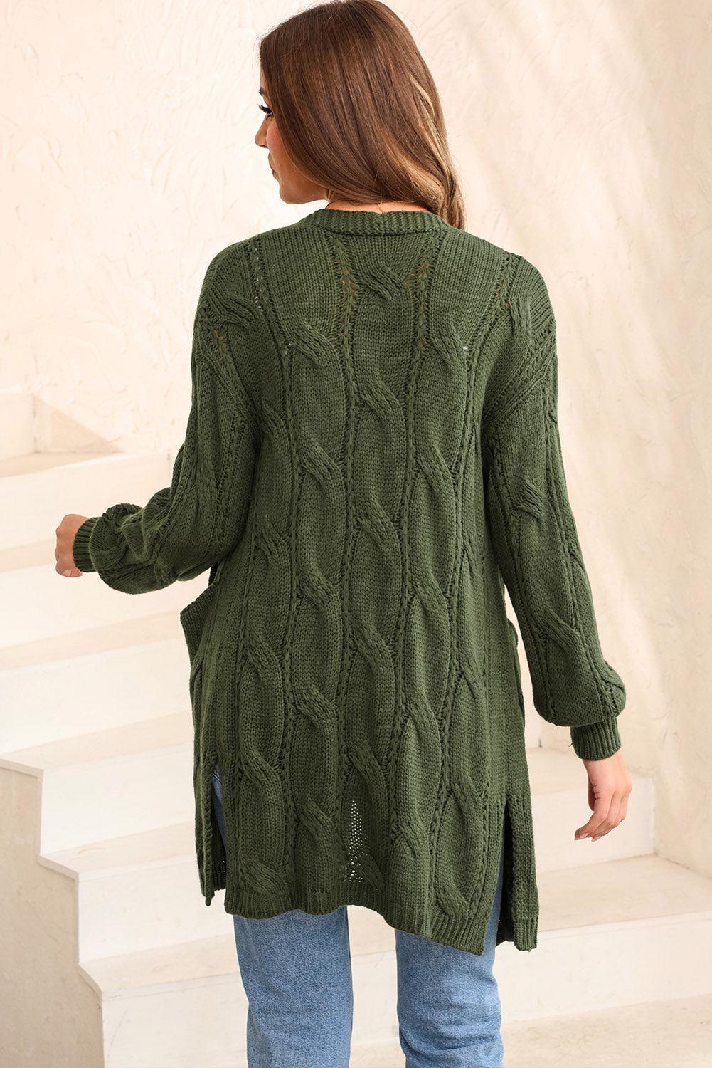 Cable-Knit Dropped Shoulder Slit Cardigan Carauana Store