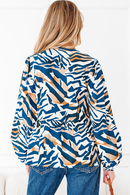 Blue Zebra Print Tied Front Puff Sleeve Top