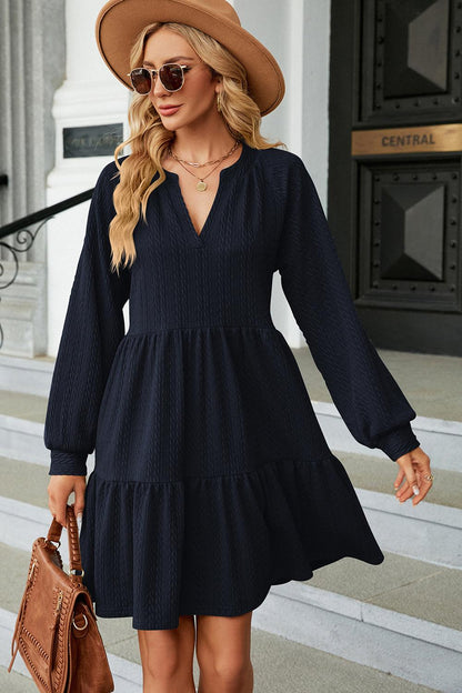 Ruched Notched Long Sleeve Mini Dress Carauana Store
