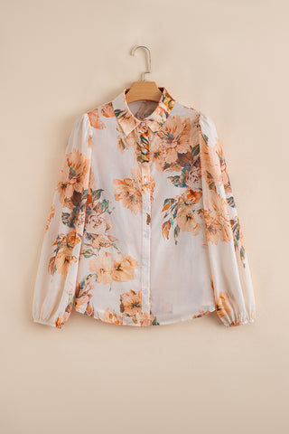 Orange Floral Puff Sleeve Lightweight Shirt
