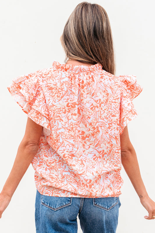 Orange Floral Ruffle Sleeve Split Neck Blouse