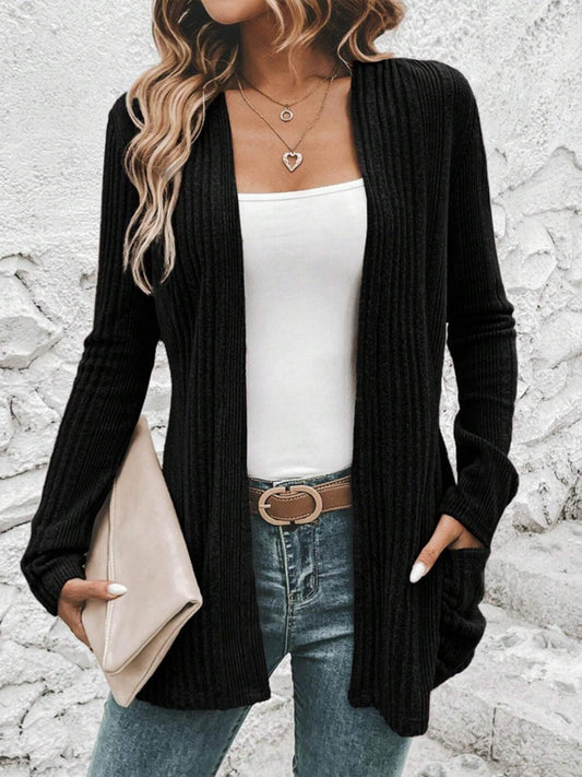 Pocketed Open Front Long Sleeve Cardigan Carauana Store