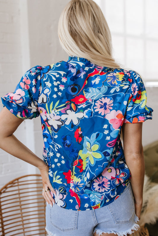 Blue Flower Print Collared V Neck Puff Short Sleeve Loose Blouse