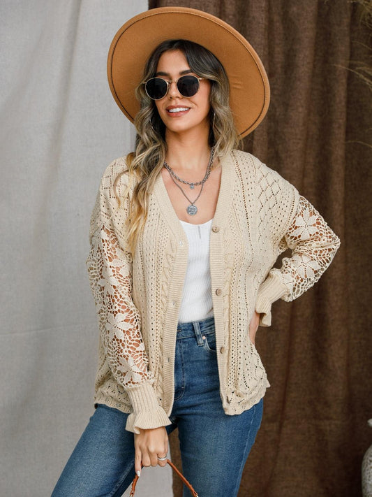 Eyelet Button Up Lantern Sleeve Cardigan Carauana Store