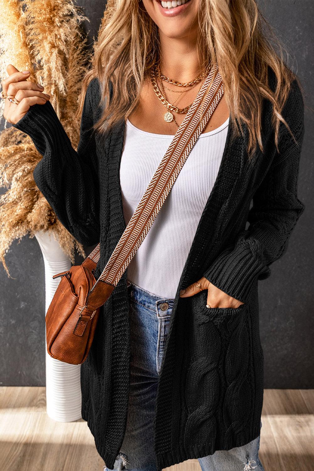 Cable-Knit Dropped Shoulder Slit Cardigan Carauana Store