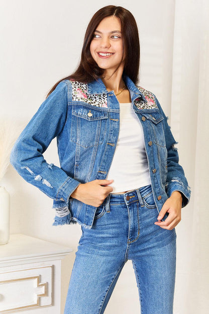 Baeful Leopard Floral Distressed Raw Hem Denim Jacket Carauana Store