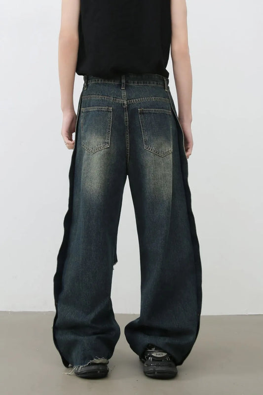 Men's Frayed Hem Distressed Wide Leg Jeans Carauana Store