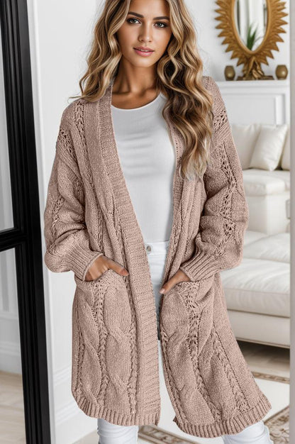 Cable-Knit Dropped Shoulder Slit Cardigan Carauana Store