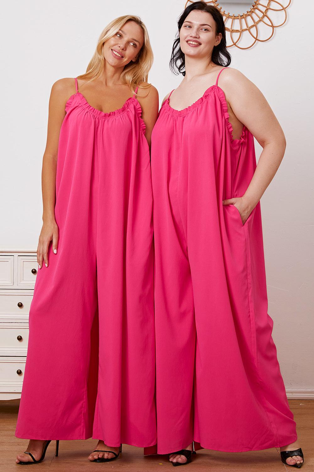 Double Take Full Size Ruffle Trim Tie Back Cami Jumpsuit with Pockets Carauana Store