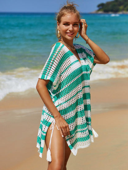 Tassel Openwork Striped V-Neck Cover Up Carauana Store