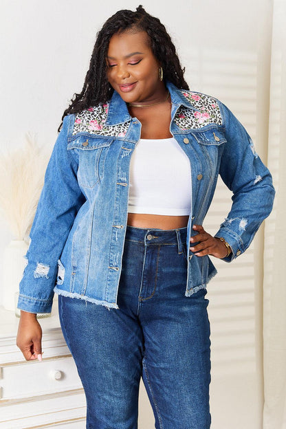 Baeful Leopard Floral Distressed Raw Hem Denim Jacket Carauana Store