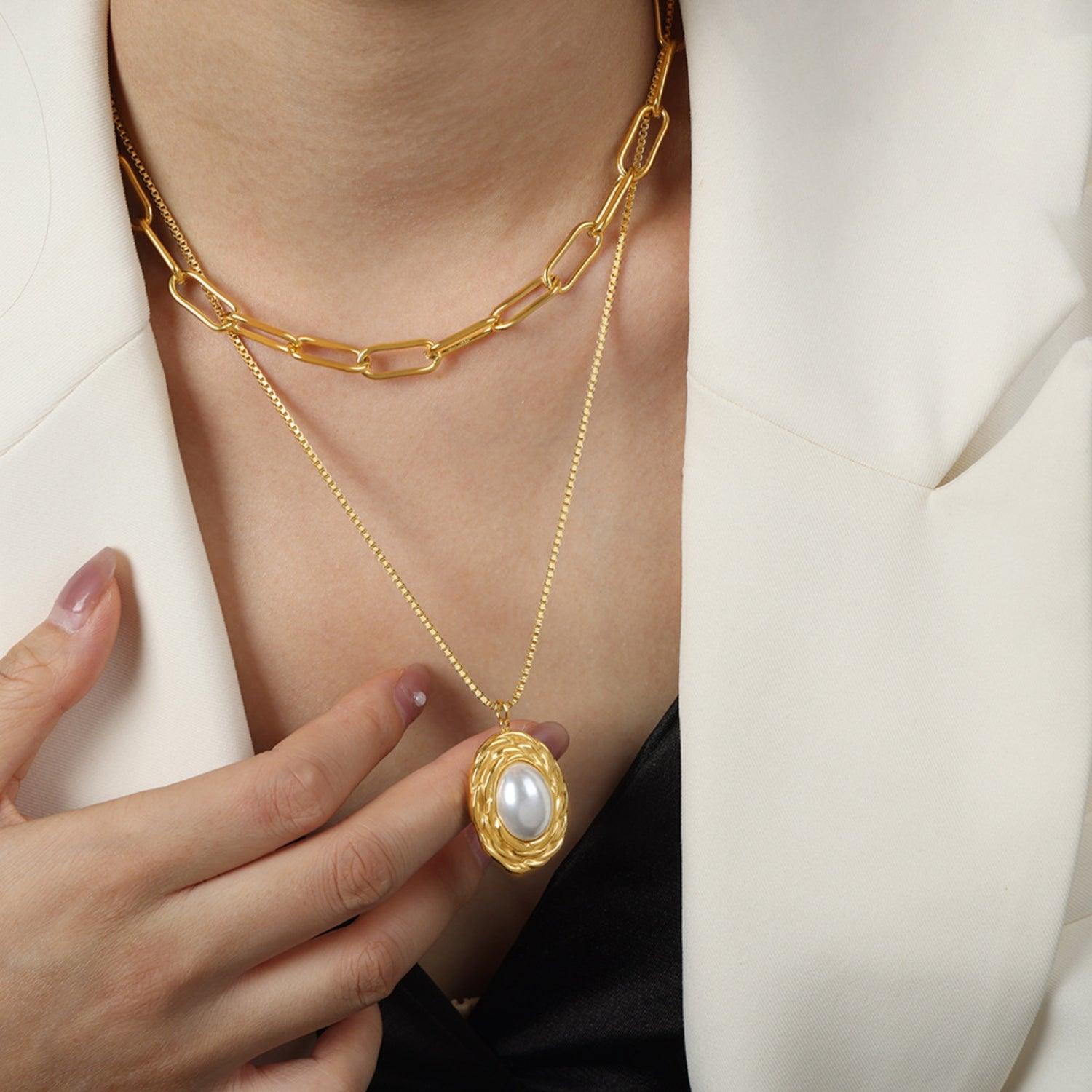 Inlaid Pearl Double-Layered Titanium Steel Necklace Carauana Store