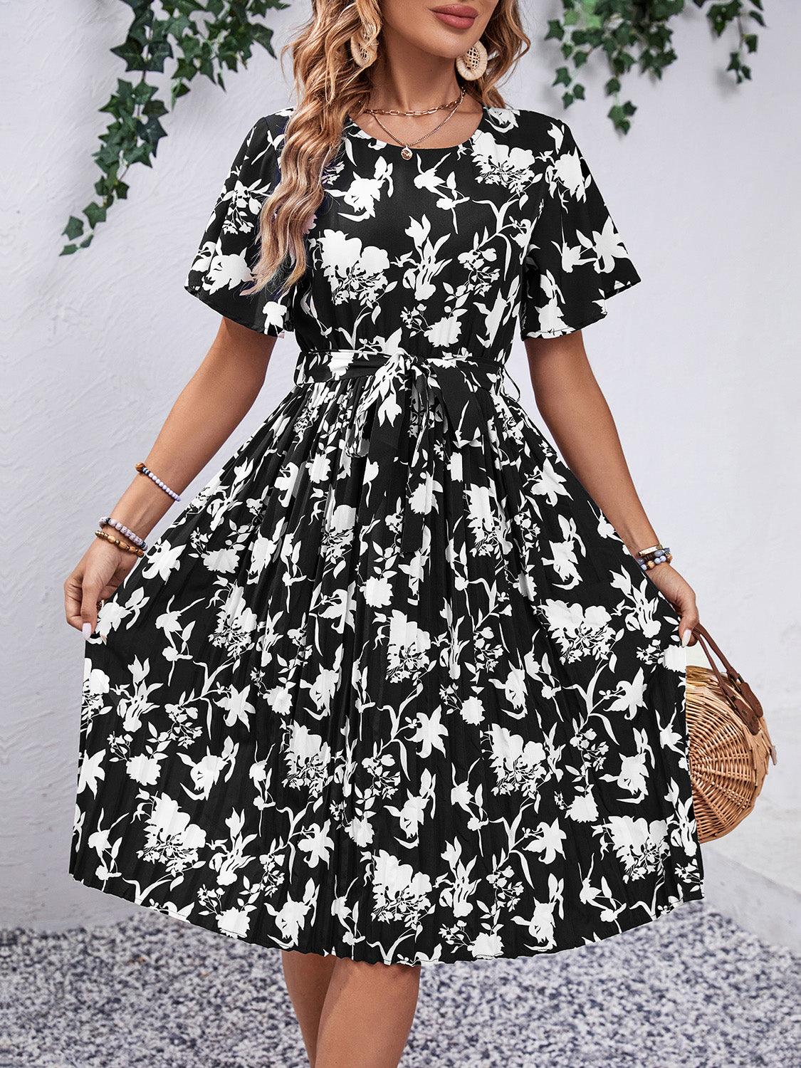 Printed Round Neck Short Sleeve Dress Carauana Store
