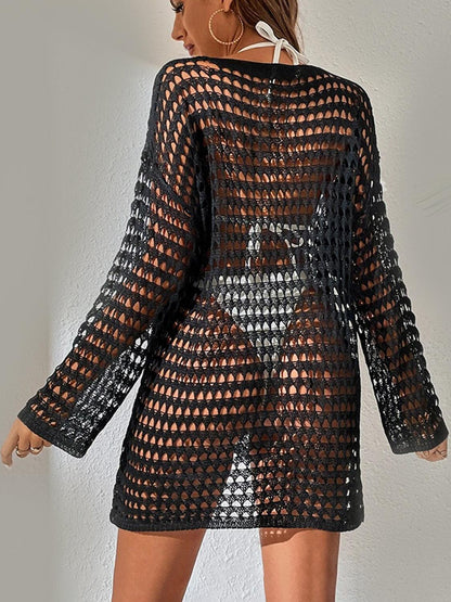 Openwork Boat Neck Long Sleeve Cover-Up Carauana Store