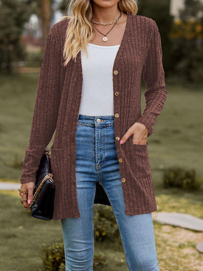 Ribbed Button Up Long Sleeve Cardigan Carauana Store