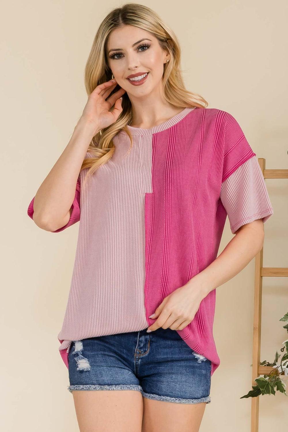 Celeste Full Size Ribbed Color Block Short Sleeve T-Shirt Carauana Store