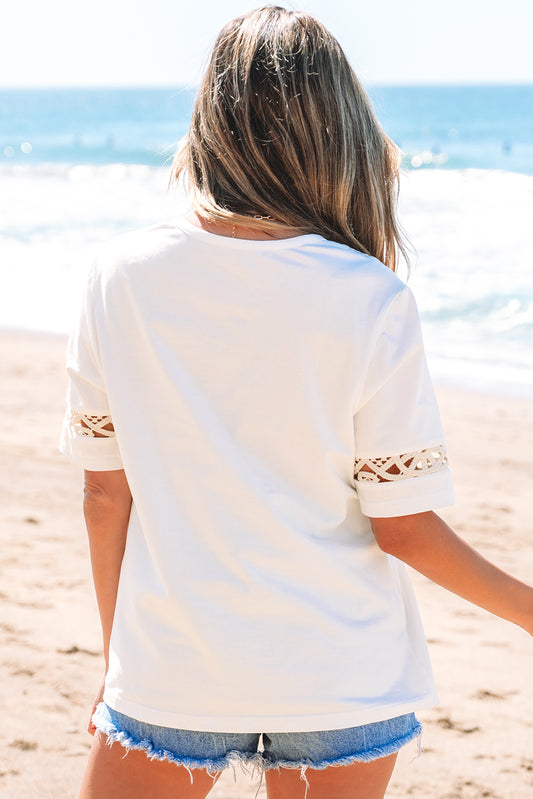 White Lace Crochet Crew Neck Casual T Shirt