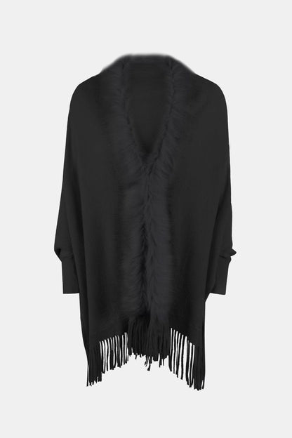 Fringe Open Front Long Sleeve Poncho Carauana Store