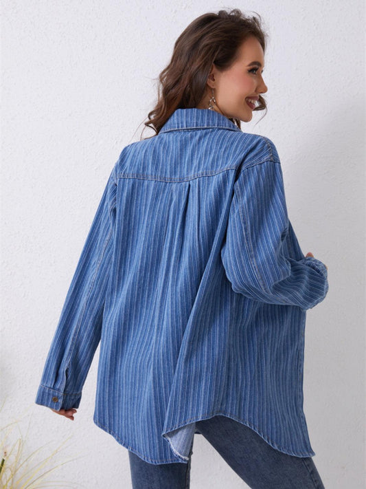 Pocketed Striped Button Up Denim Shirt Carauana Store