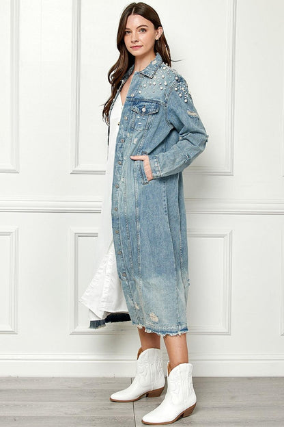 Veveret Full Size Distressed Raw Hem Pearl Detail Button Up Jacket Carauana Store