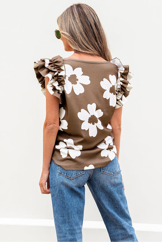 Brown Floral Textured Ruffled Short Sleeve Square Neck Blouse